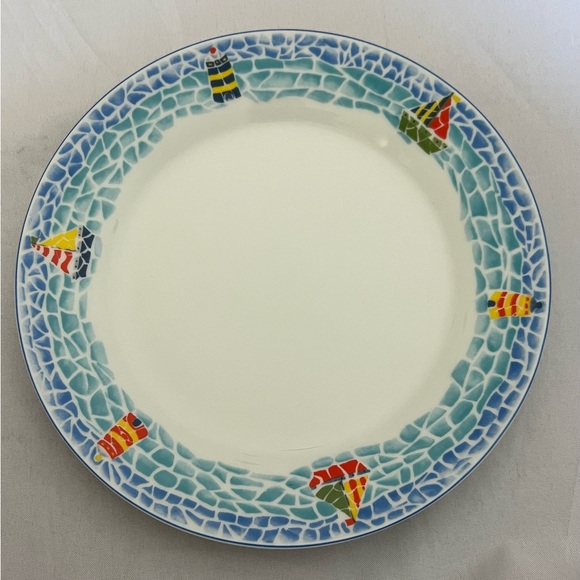 Child Sailboat Lighthouse Dinnerware Set Plate Bowl Mug Blue Nautical Mosaic Rim - Picture 3 of 14